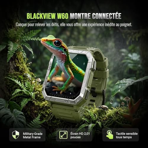 Blackview Men's Military Smart Watch, SOS LED Torch & Compass, 100J Battery Life 960mAh, Bluetooth Calling, Pedometer, 24h Health Tracking, 120+ Sports Modes, IP68, Shockproof, iOS & Android