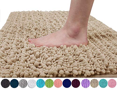 Yimobra Original Luxury Chenille Bath Mat, Soft Shaggy and Comfortable, Large Size, Super Absorbent and Thick, Non-Slip, Machine Washable, Perfect for Bathroom (31.5 X 19.8 Inches, Beige)