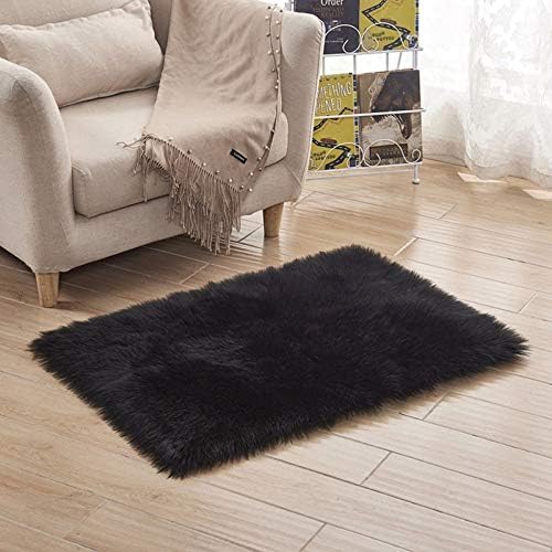 Premium Quality Faux Sheepskin Area Rugs Soft Fluffy Faux Fur Carpet Pads Shaggy Silky Bedside Bay Window Mats Blanket,Black-60 * 120cm