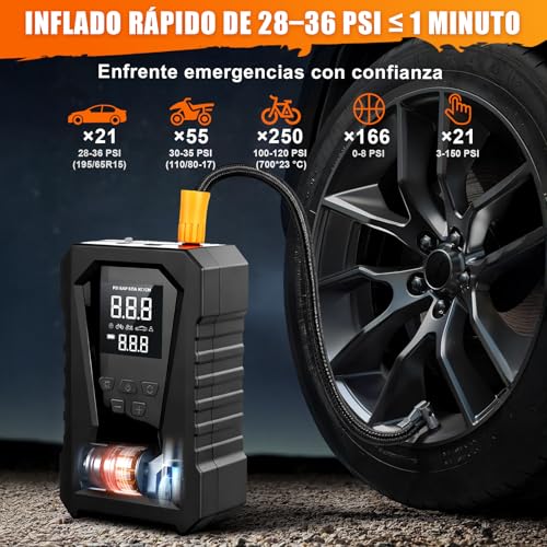 LINGLUCKY Arrancador de Batería de Auto Portátil 3000A y Compresor de Aire 150PSI,Jumper para Carro de 12V(9L Gasolina/6.5L Diésel) con Pantalla LCD,Linterna LED,Luz de Emergencia,12000mAh Power Bank