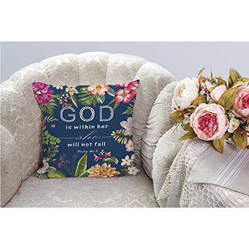 Flowers Pillow Covers - Christian Quotes Throw Pillow Case,Bible Verses God is Within Her She Will Not Fall Psalm 46 10 Cotton Linen Square Pillow Cover for Men/Women/18x18 inch - Thumbnail 2