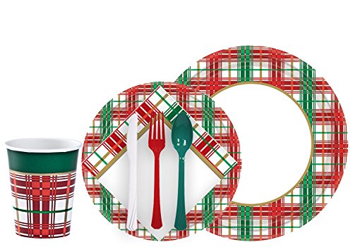 Tiger Chef Christmas Plaid Dinnerware Party Supplies Set for 24, Includes Paper Plates Holiday, 9-ounce Paper Cups, Paper Napkins Christmas, Disposable Cutlery, Complete Christmas Party Supplies