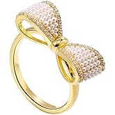 Izpack Pearl CZ Bow Statement Open Finger Ring for Women - Gold Plated Dainty Crystal Bowknot Adjustable Rings Wedding Engagement Promise Bands Elegant Jewelry Birthday