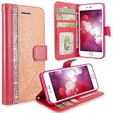 iPhone 6 Plus / 6s Plus Case, Cellularvilla [Stand Feature] Flower Texture [Diamond] Premium Wallet Case [3 Card Slots] Flip Cover For Apple iPhone 6 Plus / iPhone 6S Plus 5.5 inch (Peach Pink Bling)