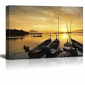 Canvas Prints Wall Art - Docked Canoes at Sunset | Modern Wall Decor/Home Decoration Stretched Gallery Canvas Wrap Giclee Print. Ready to Hang - 12" x 18"