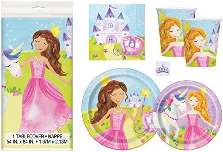 Princess Unicorn Birthday Party Supplies Pack - Serves 16 - Tablecover, Plates, Napkins, Cups