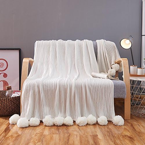 AliceHome 100% Cotton Knit Throws Pompoms Lovely Lounge Cover Knitted Blanket (White, 100cm*105cm)