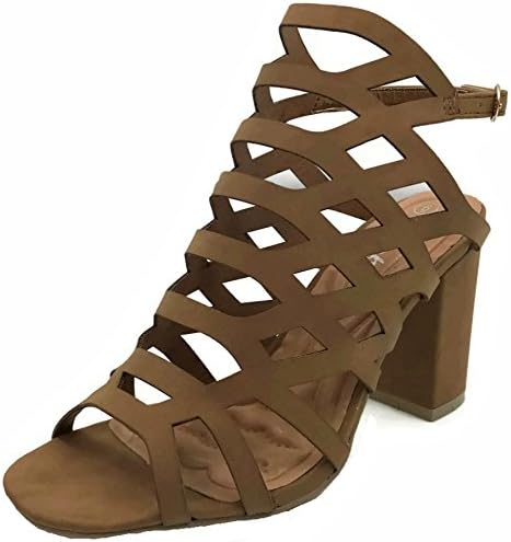 Wee Collection Womens Open Toe Strappy Caged Ankle Strap Block Mid High Heel Sandalp, Tan, 5.5