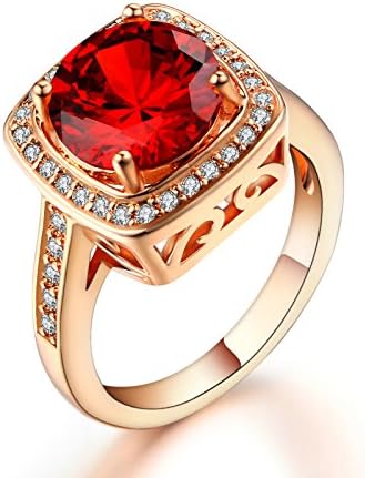 Ritzy Glam Cubic Zirconia Rose Gold Plated Ring | Stunning Crystal Red January Birthstone in Rose Gold Halo Setting with 28 CZ Stones | Nickel-Free, Anti-Allergy, Round Cut Fashion Jewelry for Women
