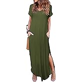 HUSKARY Women's Summer Maxi Dress Casual Loose Pockets Long Dress Short Sleeve Split Maxi Dresses