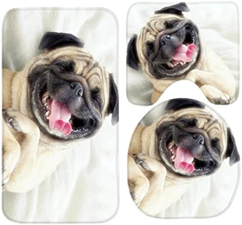 Cute Pug Dog Bath Mat Set,3 Piece Bathroom Mats Set Non-Slip Bathroom Rugs/Contour Mat/Toilet Cover by TEYAYA