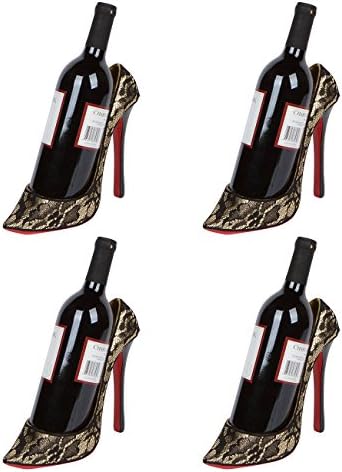 8.5" x 7"H High Heel Wine Bottle Holder - Stylish Conversation Starter Wine Rack By Hilarious Home (Black and Gold Lace, Set of 4)