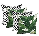 Set of 4 Indoor Outdoor Square Decorative Throw Pillows, Made of Tommy Bahama Fabric- Swaying Palms Green Tropical Palm Leaf Fabric & Black White Aztec Geometric, Choose Size (20