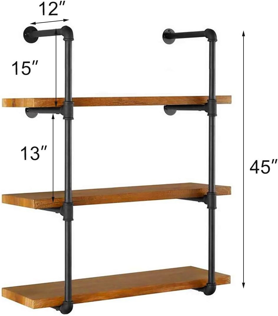 2-Pack Industrial Pipe Shelf Bracket, 3-Tier Wall Mounted Iron Shelving Bracket Vintage Black for DIY Shelf Office Room Kitchen (Plank Not Included): Home Improvement