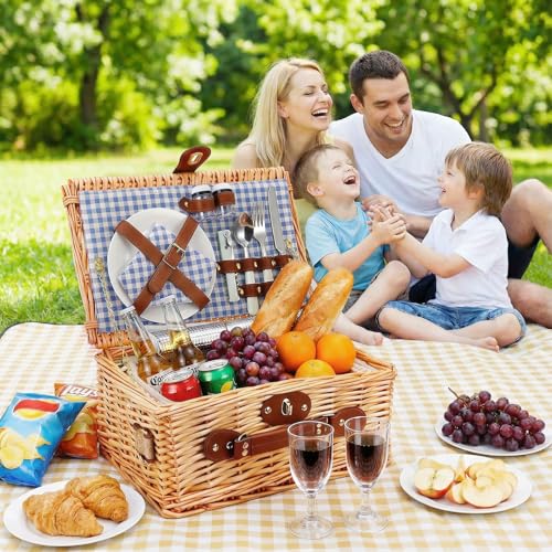 Wicker Picnic Basket Wicker Picnic Basket for 2 Person - Picnic Set with Insulated Compartment, Plates, Cutlery, Wine Glasses, Corkscrew - Perfect for Beach, Country, Park & BBQ Gift