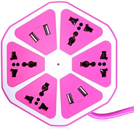 4 International Jacks Outlet Plugs with 4 USB Slot + 5.9ft UL Listed Cord Wire Extension Surge Protector Universal Socket Charging Station for PC Laptops Mobile (pink)