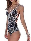Women Sexy Floral Print One Piece Monokini Lace Up Padding Backless Swimsuit Floral M(US 2-4 )