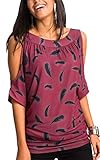 Angashion Women's O Neck Feather Print Shirt Casual Cutout Sleeve Top Blouse
