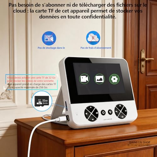 Sonnette sans Fil avec Caméra 1080P Étanche IP65, écran 4,3 Pouces, Communication Bidirectionnelle, Vision Nocturne Infrarouge, sans Application Ni Wi-FI, Compatible avec Les Cartes TF