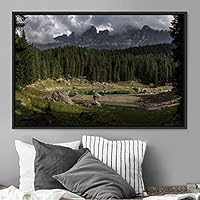 Framed Canvas Wall Art Greenlands Aerial Dark Farmhouse/Country Green Nature Photography Realism Relax/Calm - 16x24 inches
