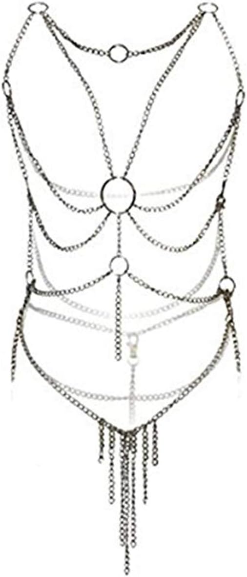 cjixnji Women Sexy Lingerie,Ladies Bodysuit Sexy Underwear Sets,Open Cup Perspective Harness Iron Chain Temptation Sleepwear Tassel Babydoll Pajamas