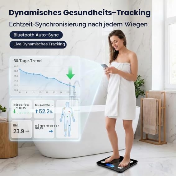 HFitness Personenwaage mit 19 Körperanalysewerten, Große 28×28cm Trittfläche, Bluetooth Körperfettwaage mit App, Digitale Körperanalysewaage Schwarz