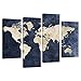 4 Panels Canvas Painting Abstract World Map Picture Printed on Canvas Giclee Artwork Stretched and Framed Wall Art for Home Decor (Navy)