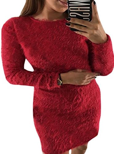 Nicelly Womens Velvet Crewneck Long Sleeve Pure Color Sweater Dresses Red XS
