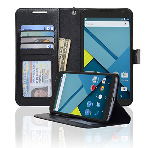 Navor LG Google Nexus 6 Folio Wallet Leather Case for Cards & Money Pockets, ID Window (Black)