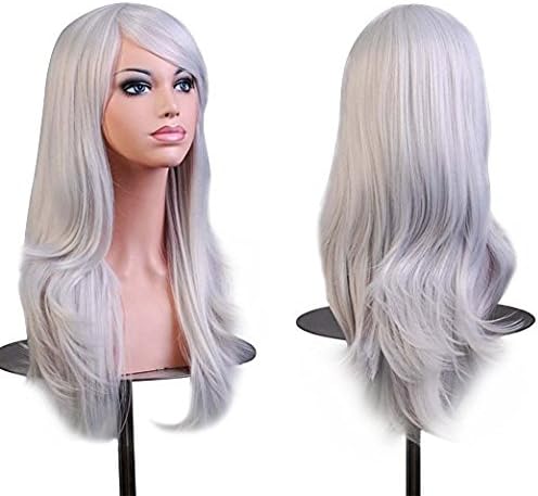 28" Women Wigs Curly Long Wavy Hair Heat Resistant Cosplay Wig for Women (Silver white)