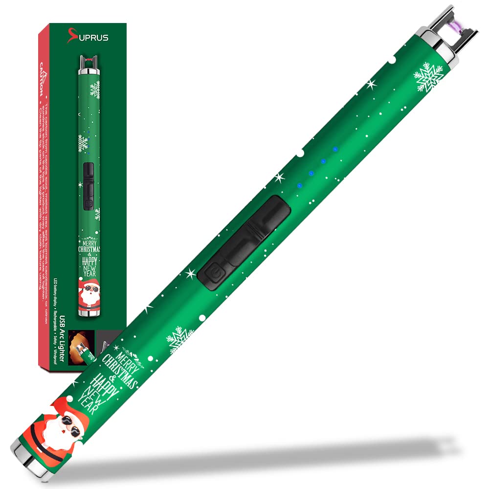 Photo 1 of SUPRUS Electric Candle Lighter USB Lighter with Upgraded LED Battery Display Safety Switch Rechargeable Flameless Plasma Windproof Pocket Size for Candle Cooking BBQs Fireworks (Christmas Green)
