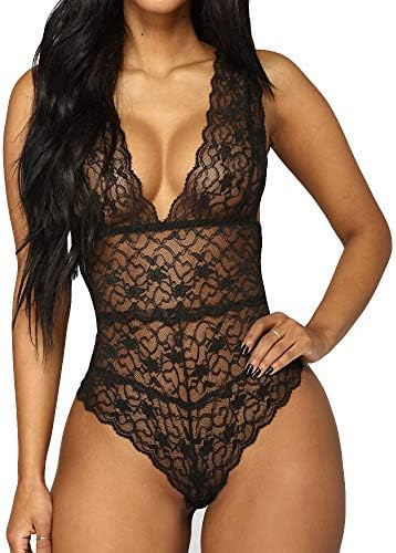 AKwell Fashion Sexy Lace Sleepwear Lingerie Temptation Babydoll Deep V Underwear Jumpsuit