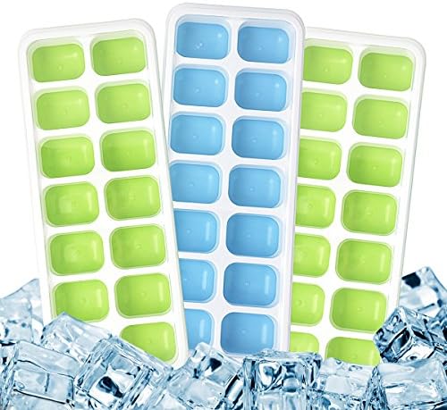 Ice Cube Trays, Idealco（3 Pack） Easy-Release Silicone and Flexible 14-Ice Trays with Unique Removable Lid,LFGB Certified and BPA Free, Stackable Durable and Dishwasher Safe Ice Trays（Green and Blue）