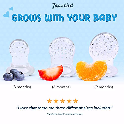 Fox and Bird - Baby Fruit Feeder Pacifier (2 Pack) | Baby Food Feeder | Doubles as Teething Toy for Infants and Toddlers | Includes Pacifier Clip and 6 Silicone Pouches (Blue/Orange) - Thumbnail 3