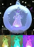 Lighted Angel Christmas Ornament - LED Ball Ornament with a Glass Angel Playing a Horn Inside - Hand Painted Ornaments with Glitter Snowflakes