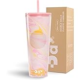 DA Plastic Tumbler With Lid And Straw, Double Wall Design, Leak Resistant Reusable BPA Free Travel Cup For Iced Coffee And Smoothies, 24oz (Marble Pink Orange)