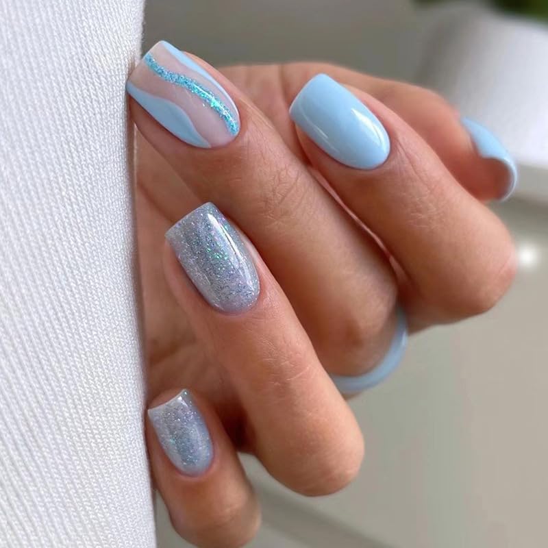 24Pcs Square Short Press on Nails,Ins Light Blue Summer Ripple Glitter Sequins, False Nails with Stick-on Nails for Women/Girl