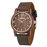 Sentai Natural Wood Watch, Genuine Leather Strap, Handmade Quartz Watches, Black Walnut Wood Men's Women's Wrist Watch