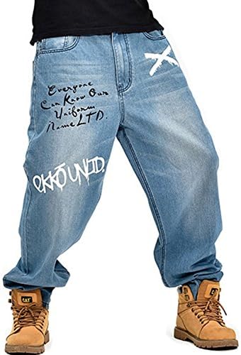 QIBOE Men's Hip Hop Embroidery Demin Pants Washed Baggy Jeans Trousers