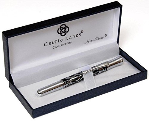 Etched Fountain Pen in Celtic Birds Design in Black and Silver Colours