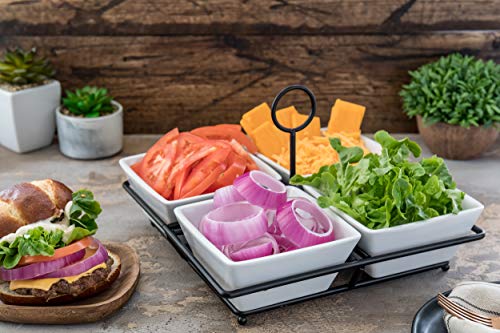 Condiment & Snack Serving Set: 4 White Stoneware Bowls with Metal Display Stand | Perfect for Appetizers, Nuts, and Candy