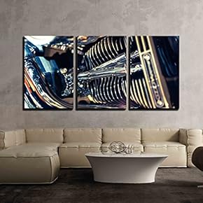 3 Piece Canvas Wall Art - Close Up View of a Shiny Motorcycle Engine. Macro - Modern Home Art Stretched and Framed Ready to Hang - 16"x24"x3 Panels
