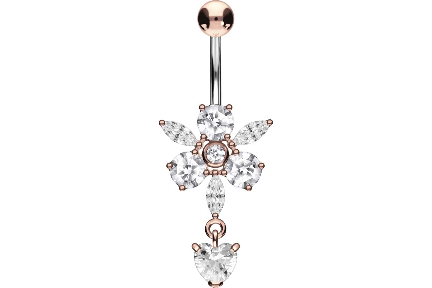 PIERCINGLINE titanium navel piercing | 925 silver CRYSTAL FLOWER + HEART PENDANT | bananabell belly button piercing | length 10 mm | 1.6mm bar thickness (rosegold coloured)