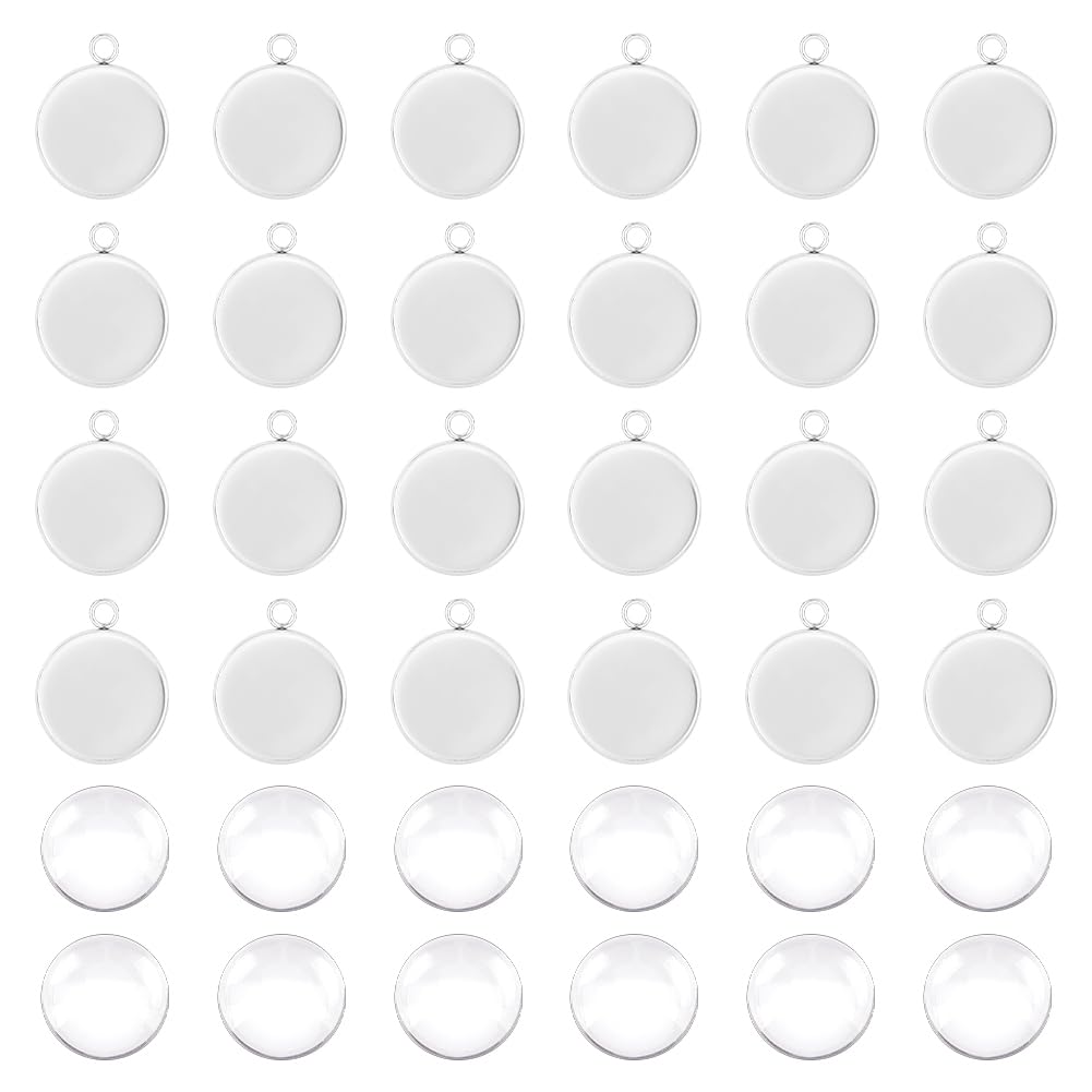UNICRAFTALE 30 Sets 20mm Cabochon Pendant Settings Stainless Steel Blank Bezel Pendant Trays Flat Round Base Cabochon Charm with Glass Cabochons for Jewelry Making