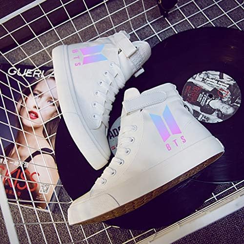 Bts shoes BTS canvas shoes with casual shoes fashion high shoes men and women breathable sports shoes bulletproof youth canvas shoes (size: 35-44) BTS stars (Color : White, Size : 36)