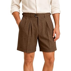 MBCAMOZEN Mens Linen Shorts Adjustable Waistband Pleated Front Breathable Summer Casual Shorts for Wedding Beach