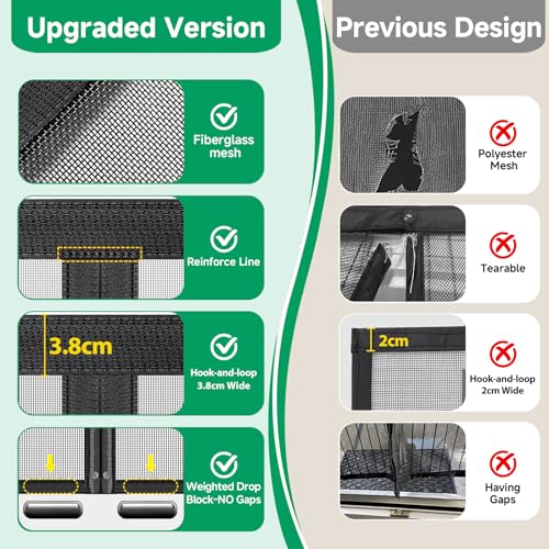 Magnetic Fly Screen Door, Fibreglass Mesh with Full-Length Magnets, NO Gap Auto Closes Kid and Pet Friendly Patio Exterior Door Curtains to Stop Flies Without Drilling (90x200cm, Black)
