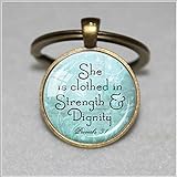 Long silver Christian Scripture Keychain - Proverbs 31 pendant Christian Jewelry Jewellery Bible Quote Verse Aqua Gift