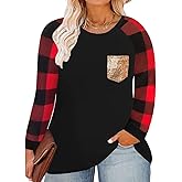 TIYOMI Plus Size Shirts for Women Long Sleeve Tops Front Pocket Shirt Round Crew Neck Fall Autumn Winter Shirt XL-5XL