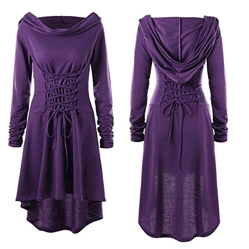 JOFOW Women Hooded Dresses Carnival Costumes Cross Strappy Long Sleeve Tunic Slim Witch Midi Pullover Festival Halloween (2XL =US:16-20,Purple)